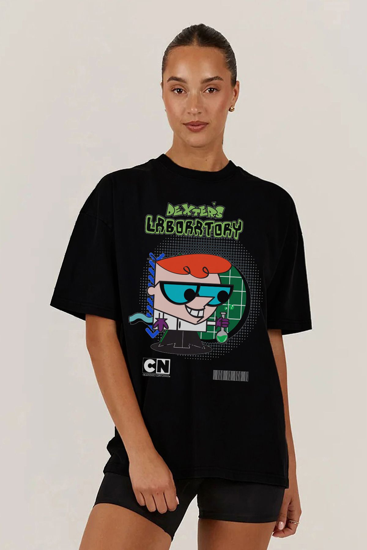 MODA Dexter'n Labratuvarı Dexter's Laboratory Baskılı Oversize Kalıp Siyah Geniş Bol Kesim Kadın Tişört