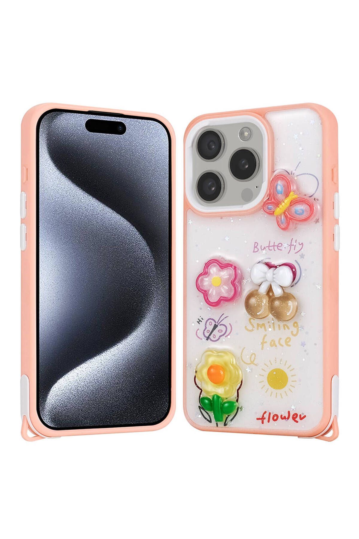 Başkenttekno iPhone 15 Pro Kılıf Parlayan Simli Kabartma Figürlü Cevze Kapak