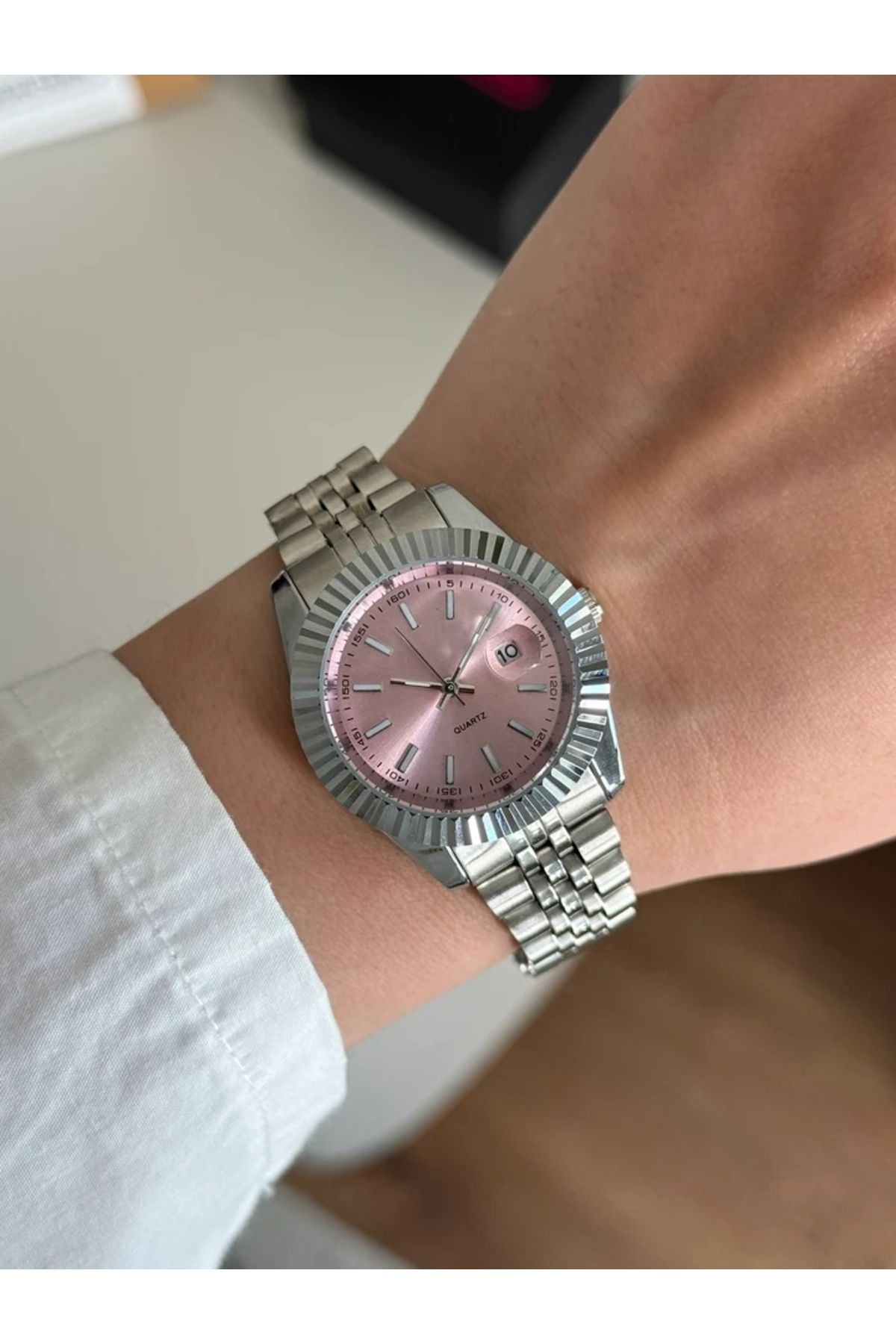 RoseandRoses Rolven Yuvarlak Tırtıklı Kasa Kadın Kol Saati Gümüş (Pembe Kadran)