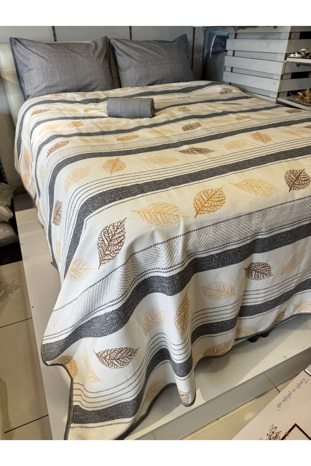 ŞENER HOME-Leaf Patterned Sheet Elastic Single Pique Set 4