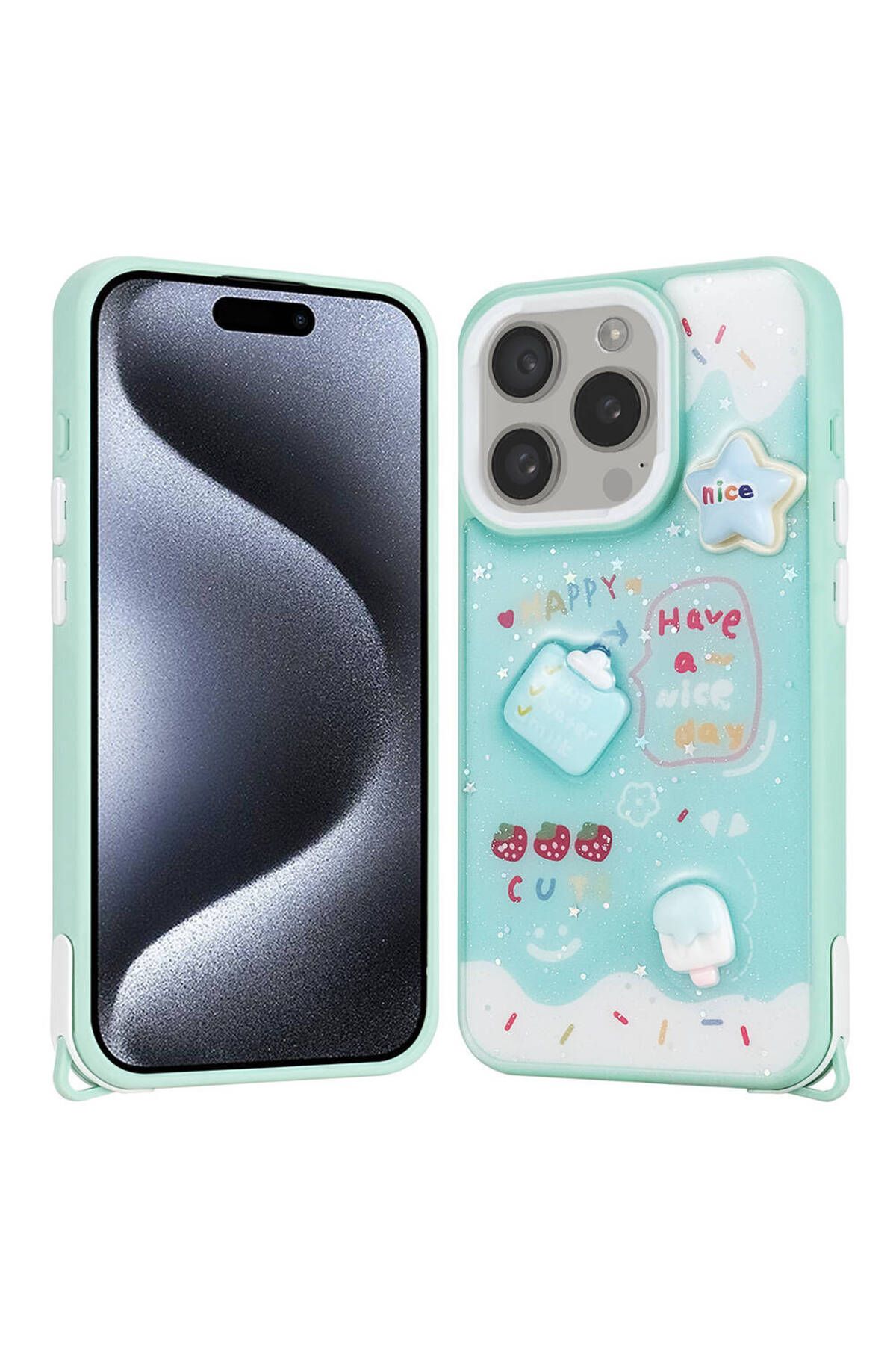 Başkenttekno iPhone 15 Pro Kılıf Parlayan Simli Kabartma Figürlü Cevze Kapak