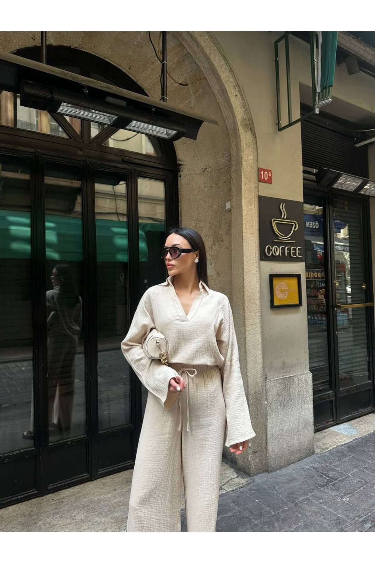 Hotfashion Polo Yaka İspanyol Kol Bluz Bağcıklı Pantolon Takım