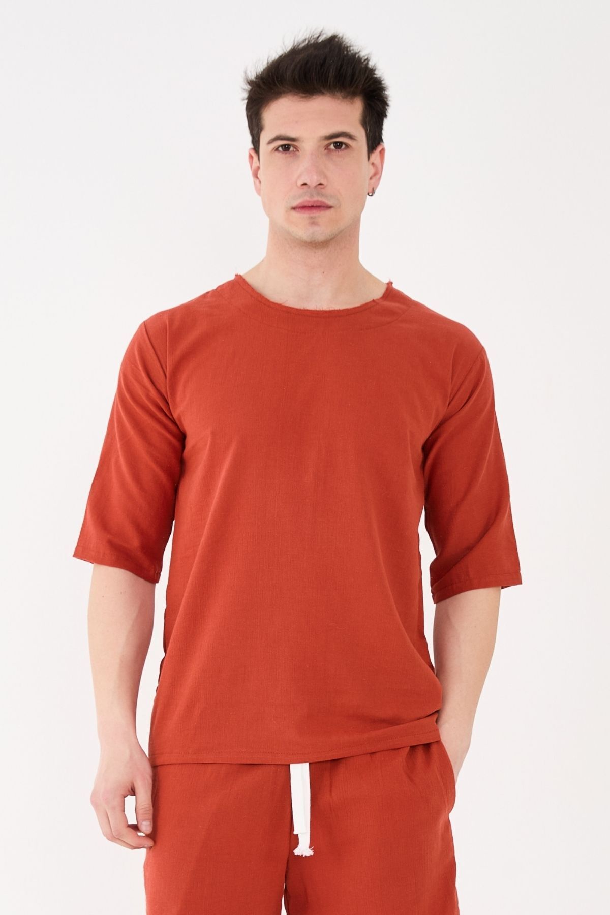 RELAXL %100 Pamuk Nefes Alır Kumaş Fakir Kol Oversize Tişört Kiremit