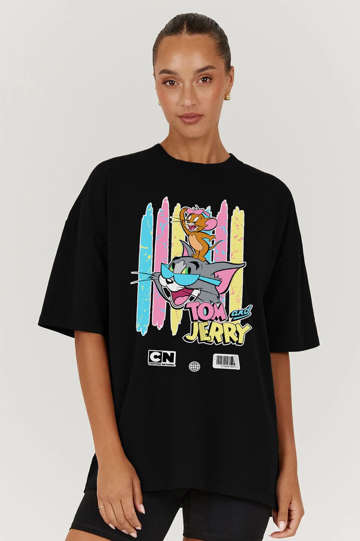 MODA Tom And Jerry Baskılı Oversize Kalıp Siyah Geniş Bol Kesim Kadın Tişört