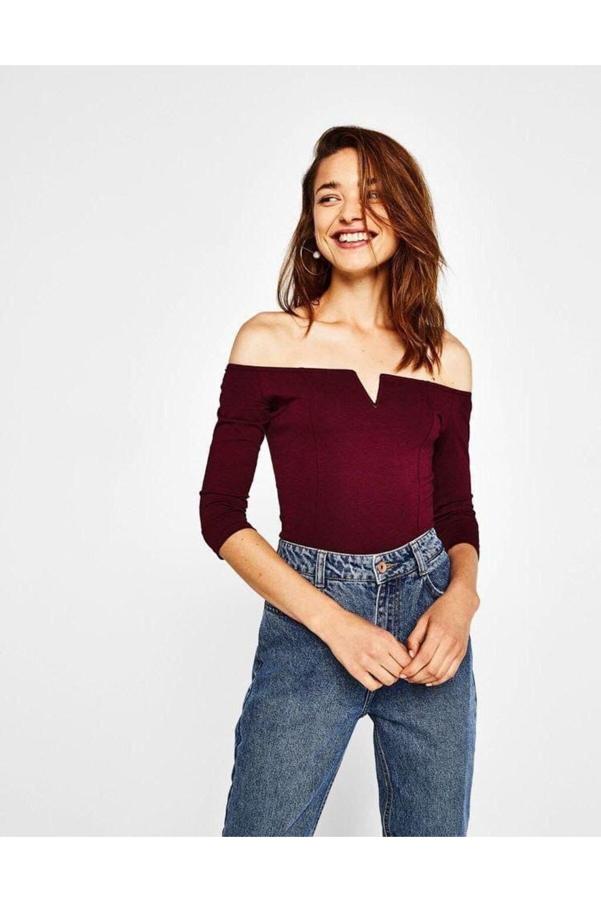 Butik Bordo Renk Straplez Model Kısa Kollu Bodysuit