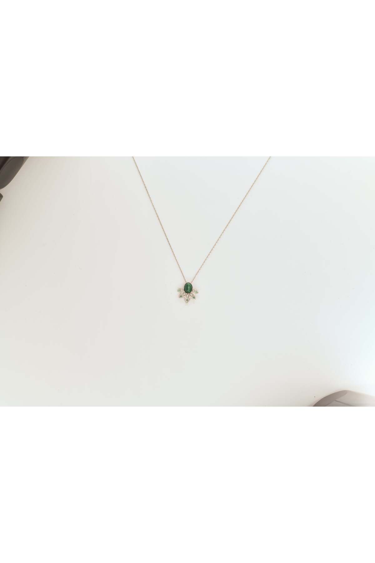 Ocean Silver & Jewelry Malahit Taşlı Lotus Gümüş Kolye