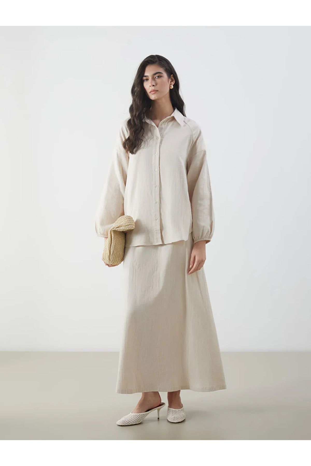 LC Waikiki LCW Modest Bej Beli Lastikli Müslin Kloş Etek