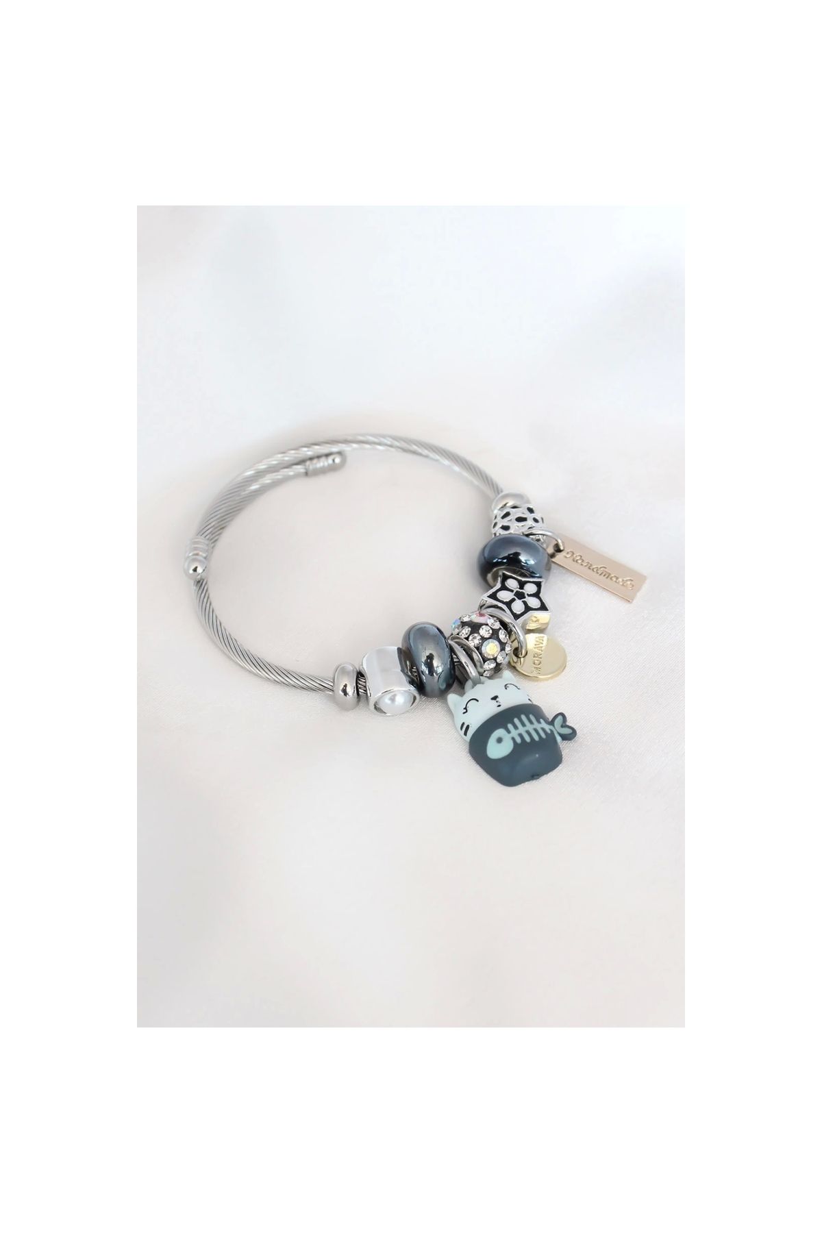 Marsilyan Mavi Kedi Figür Yıldız Detay Gümüş Renk Charm Çelik Kadın Bileklik - TJ-BB4483