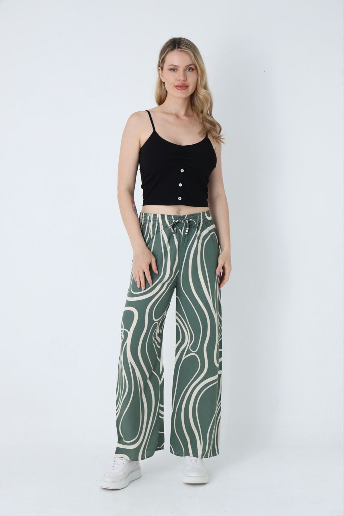 PİJART yeşil çizgi desenli dokuma geniş paça pijama altı