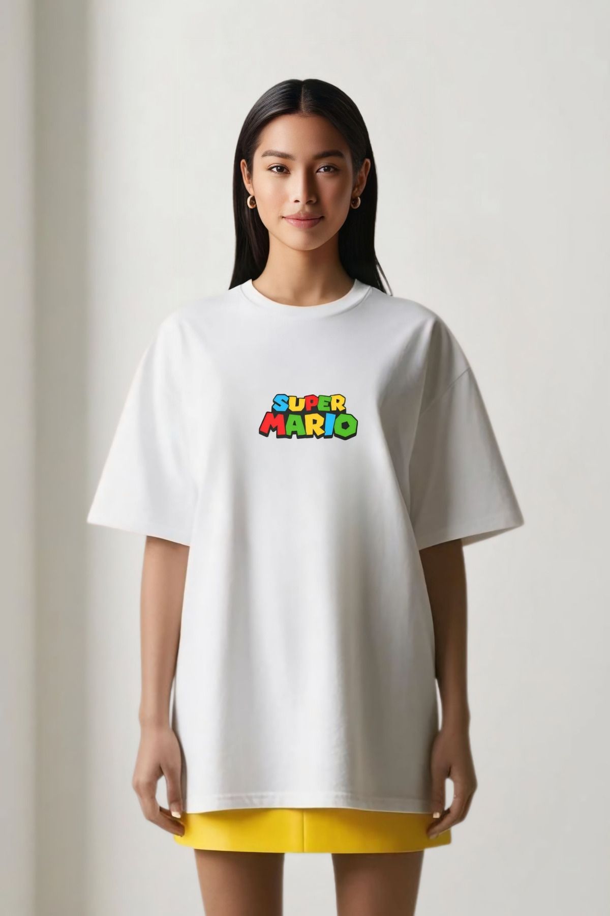 Butik Pamuk Oversize Super Mario Ön-Arka Baskılı Tişört - Retro Oyun Stili