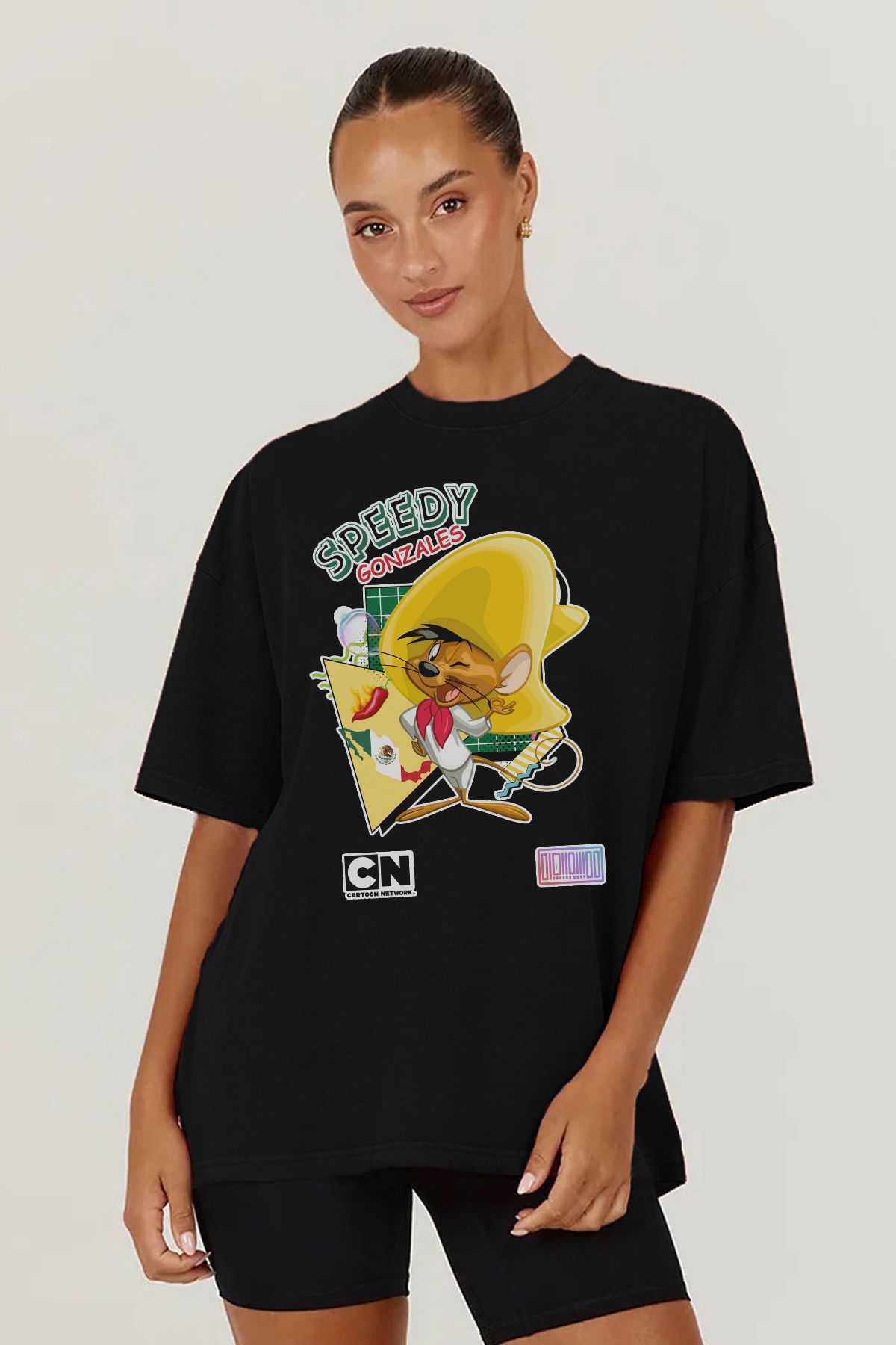 MODA Speedy Gonzales Baskılı Oversize Kalıp Siyah Geniş Bol Kesim Kadın Tişört