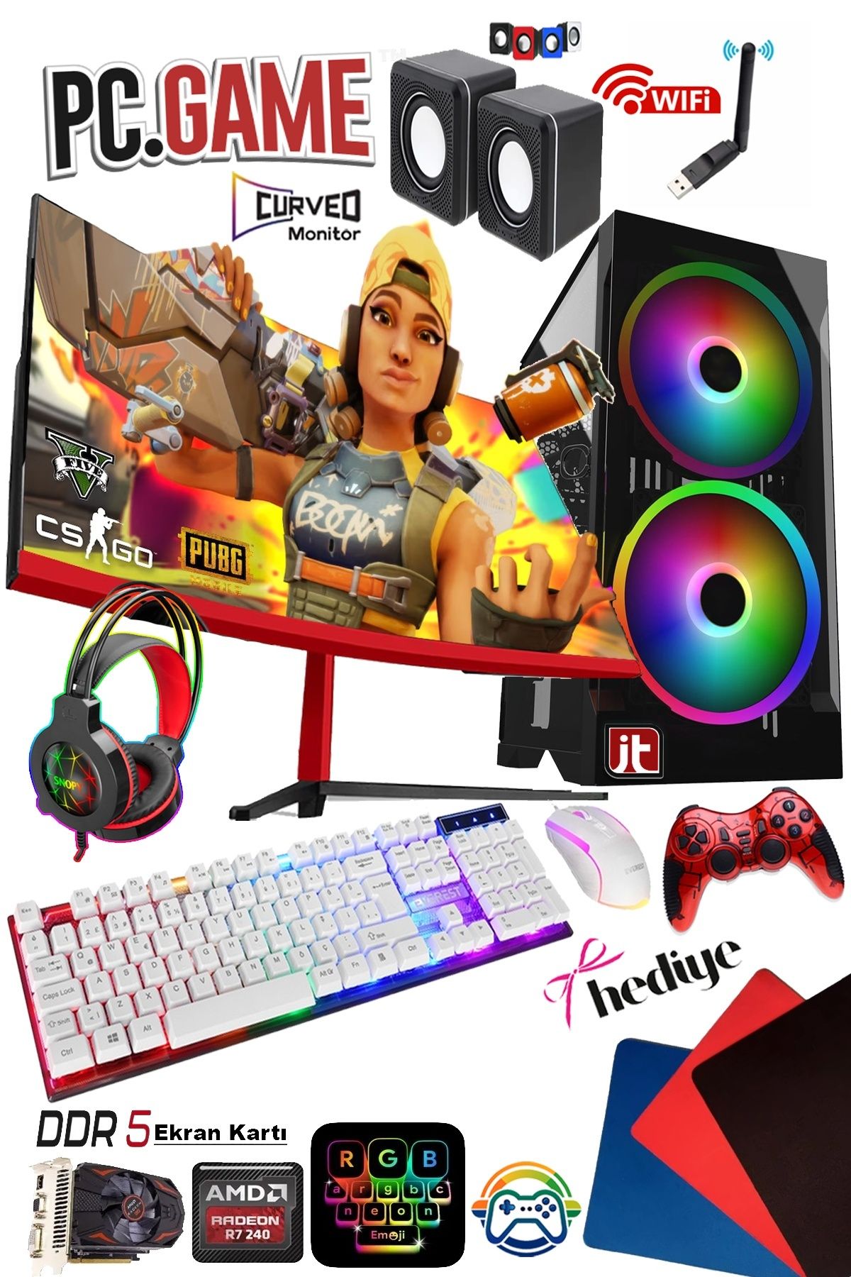 J-TECH Relative i5-2300 3.10GHz 16GB RAM 2TB SSD 4GB DDR5 R7 EKRAN KARTI 24" Curved Oyuncu Bilgisayarı