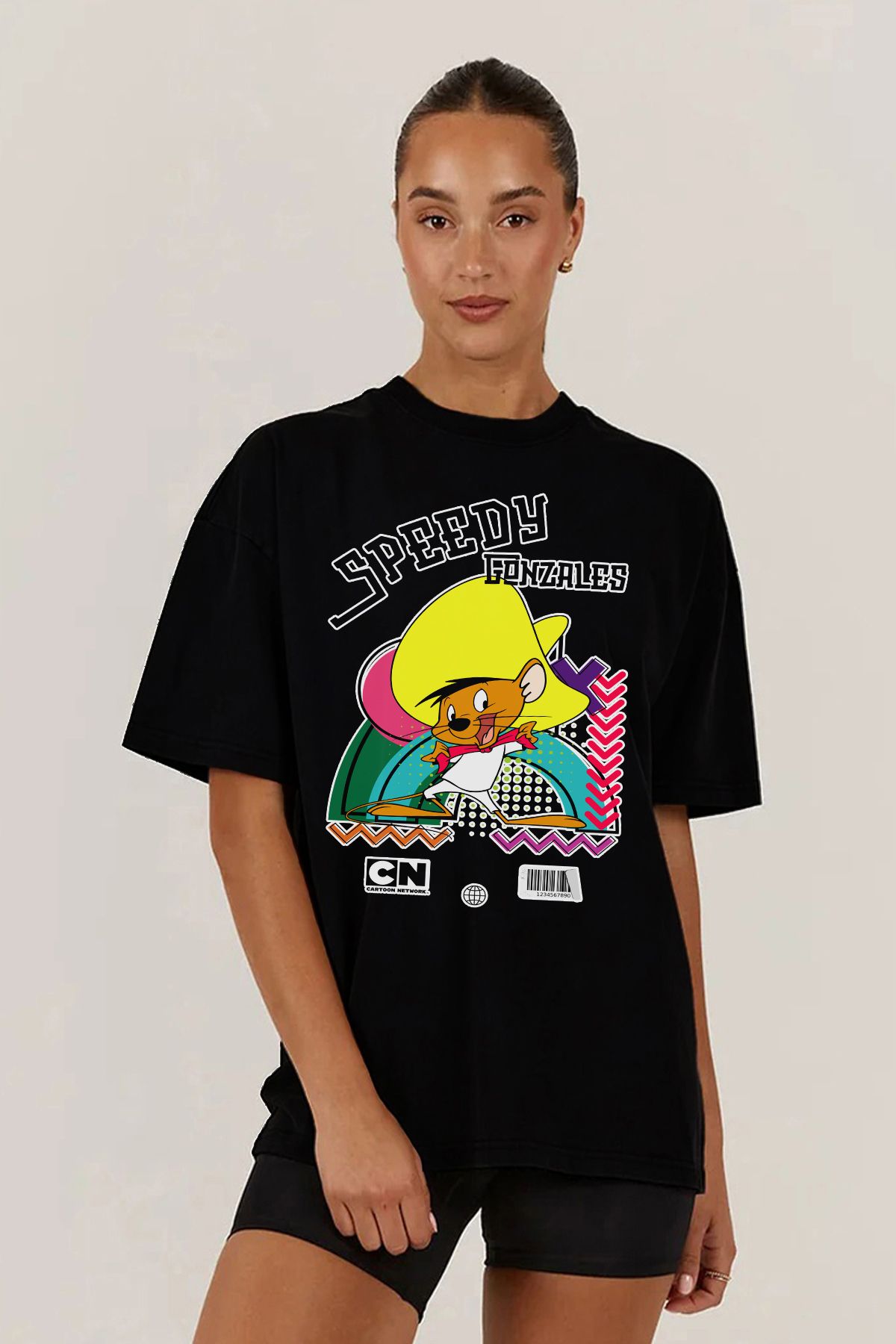 MODA Speedy Gonzales Baskılı Oversize Kalıp Siyah Geniş Bol Kesim Kadın Tişört