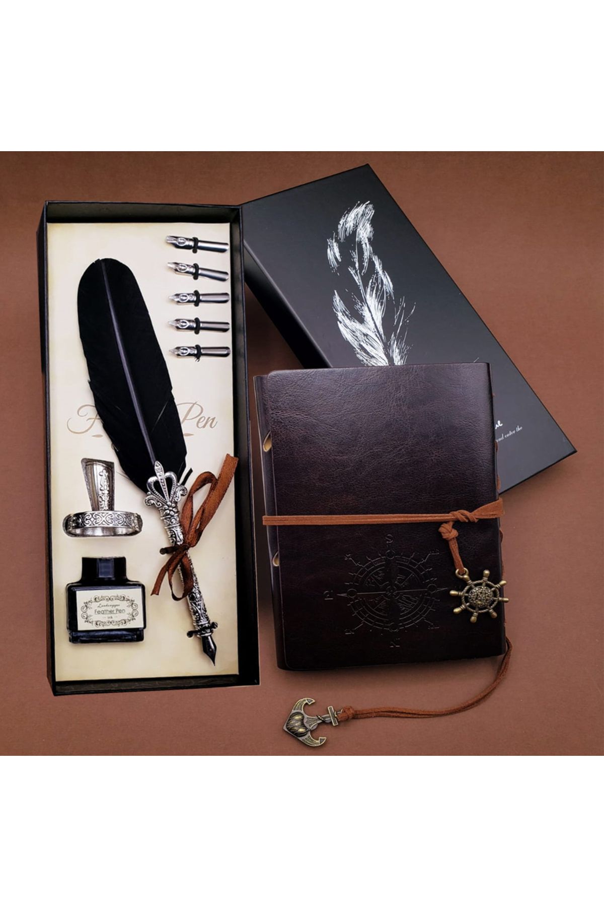 NEZADE STORE Tüylü Kalem ve Deri Defter Set 646
