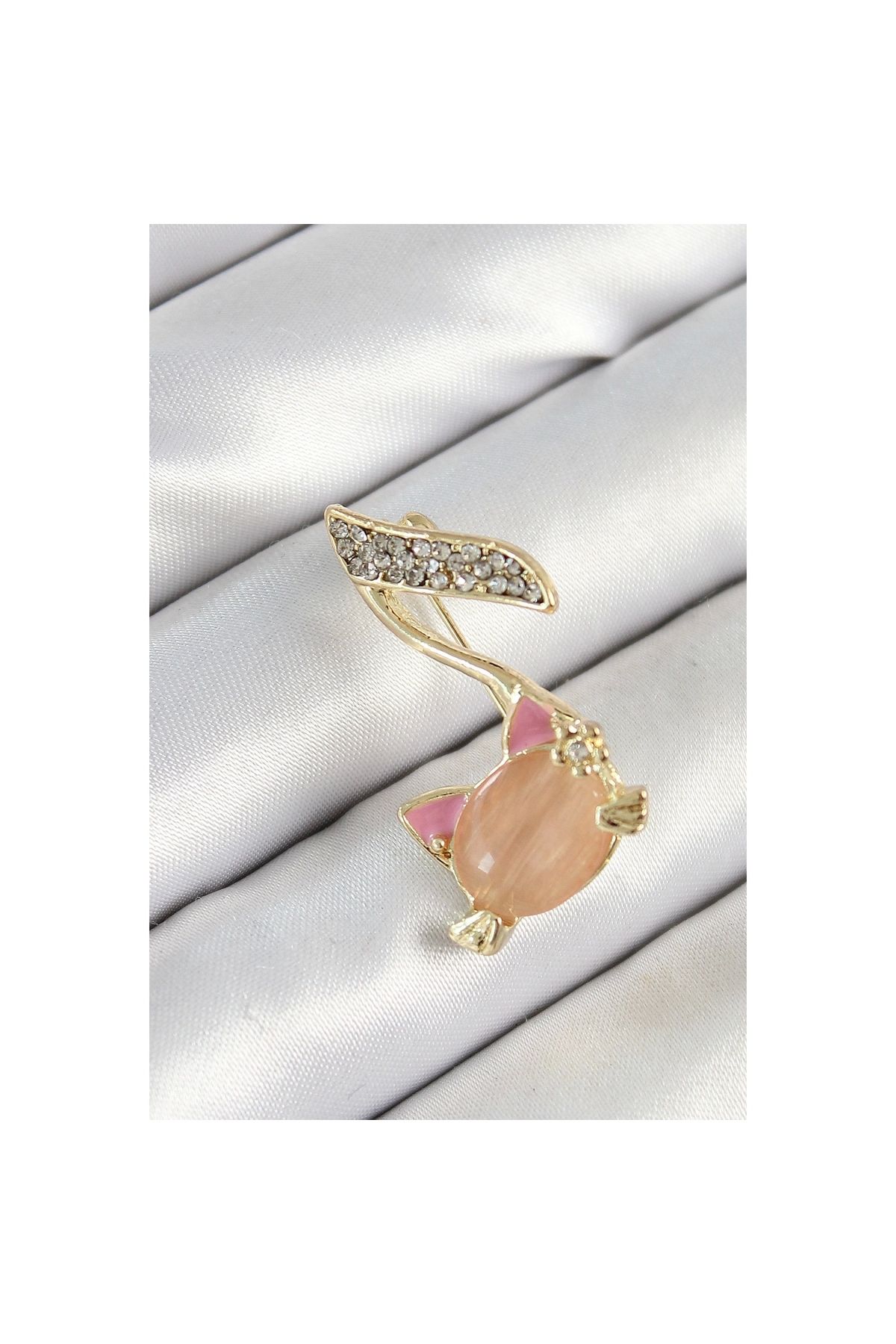 Marsilyan Zirkon Taşlı 3D Kedi Detaylı Nota Figürlü Gold Renk Kadın Broş - TJ-BR444