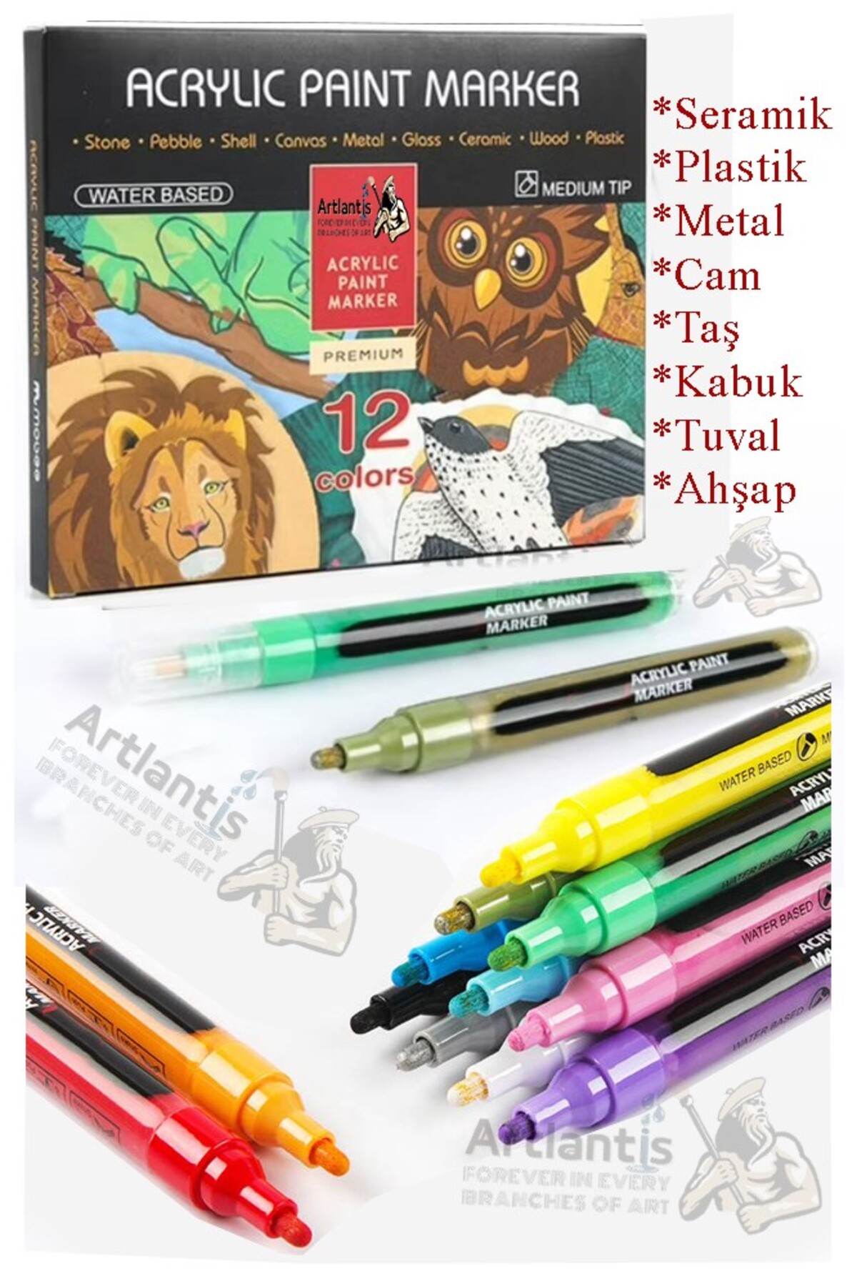 Artlantis 12 Renk Akrilik Markör Keçeli Kalem 1 Adet 12 li Acrylic