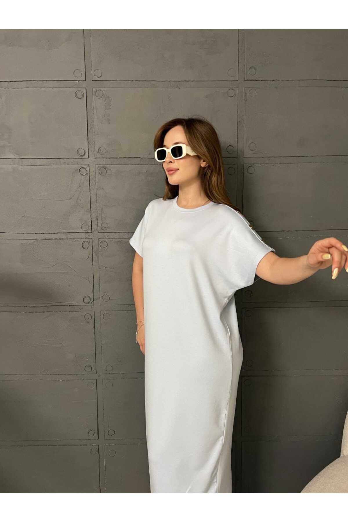 Butik Merrline Kadın Gold Düğmeli Yarasa Kol Premium Üst Kalite Modal Yeni Trend Elbise