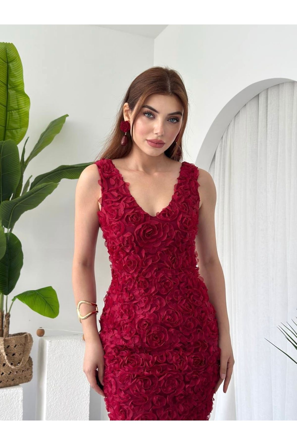 Afiş Butik Bordo Çiçek Kabartmalı Midi Elbise