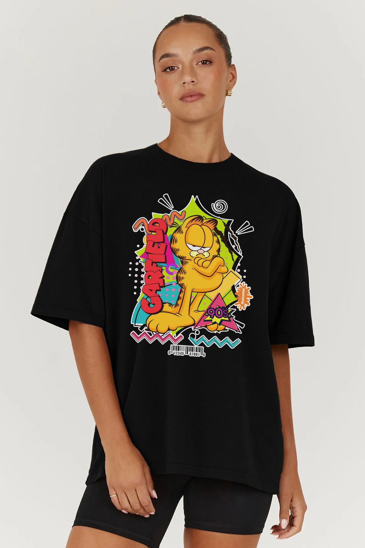 MODA Garfield Kedi Baskılı Oversize Kalıp Siyah Geniş Bol Kesim Kadın Tişört
