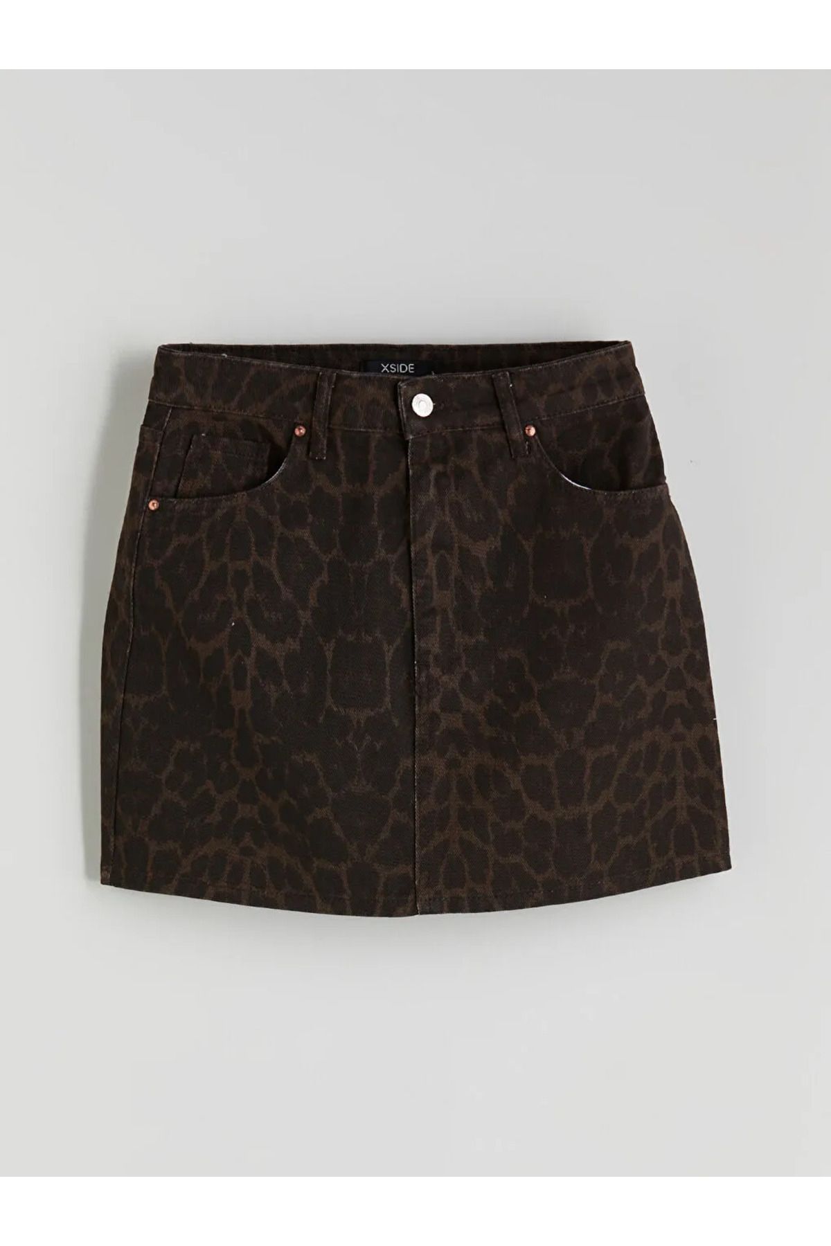 LC Waikiki XSIDE Kahverengi Dar Fit Leopar Desenli Mini Jean Etek