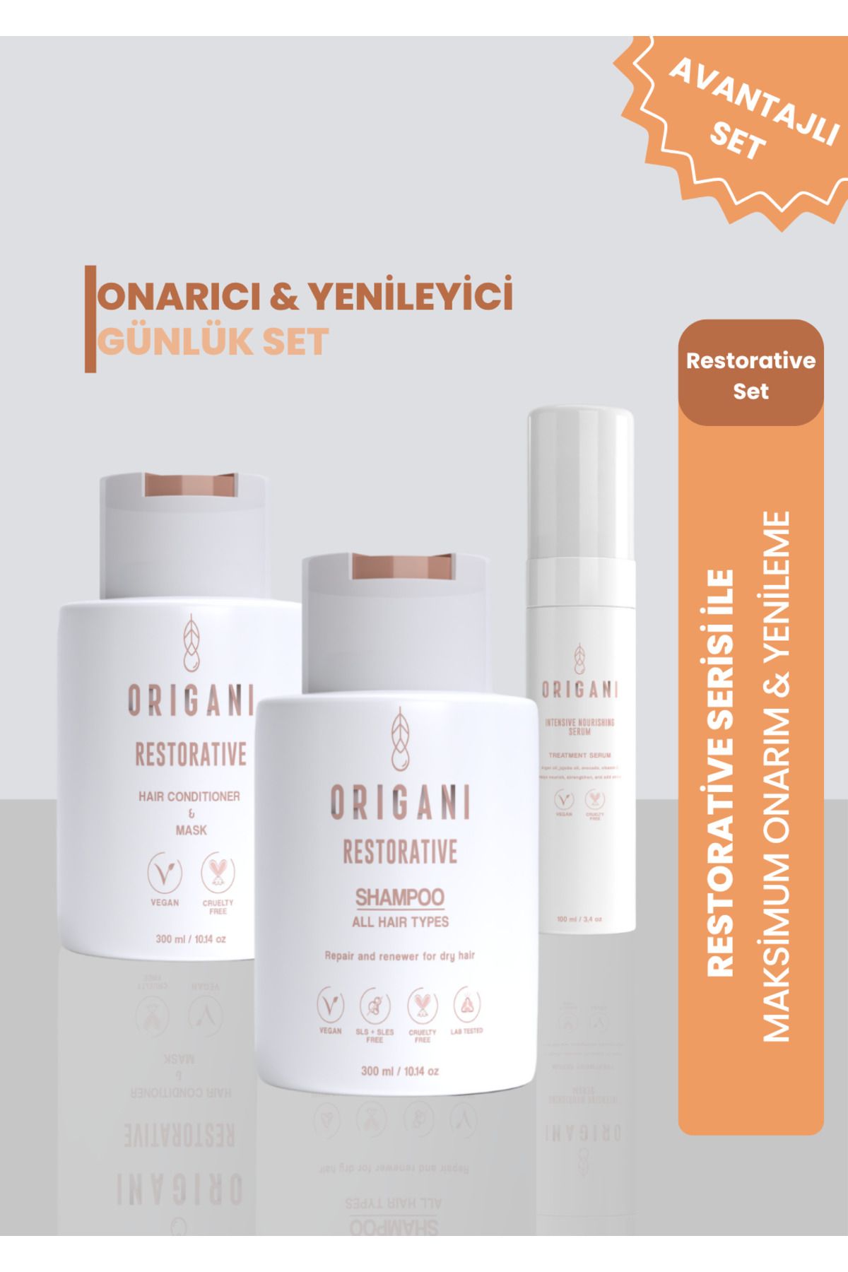 Origani Restorative 3’lü Saç Bakım Seti – Onarıcı Şampuan + Maske & Krem + Besleyici Serum