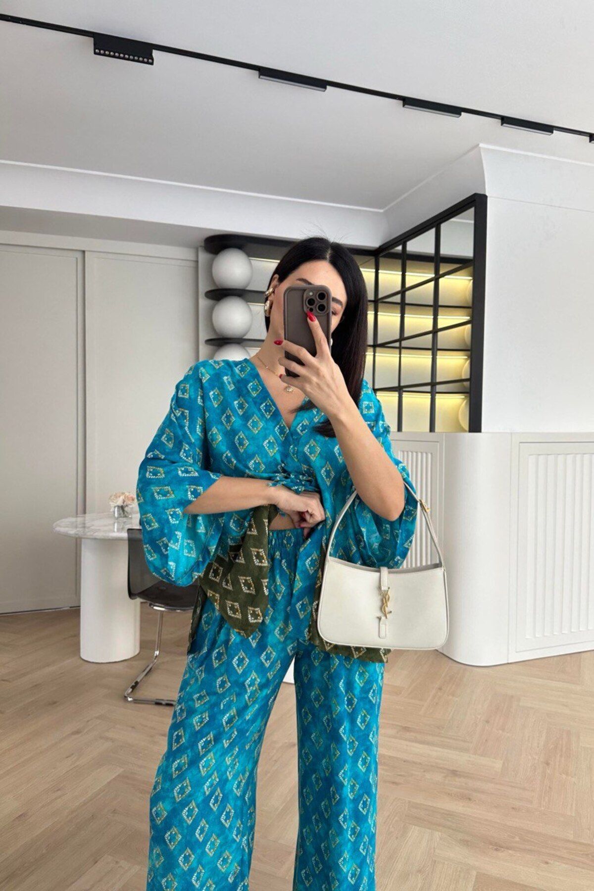 Hotfashion Desenli Bağlamalı Kimono Pantolon Takım