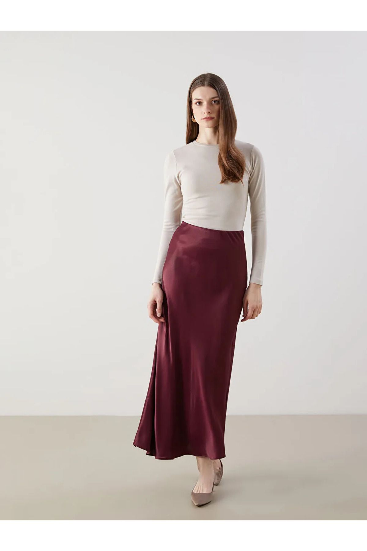 LC Waikiki LCW Modest Bordo Standart Fit Saten Kadın Etek