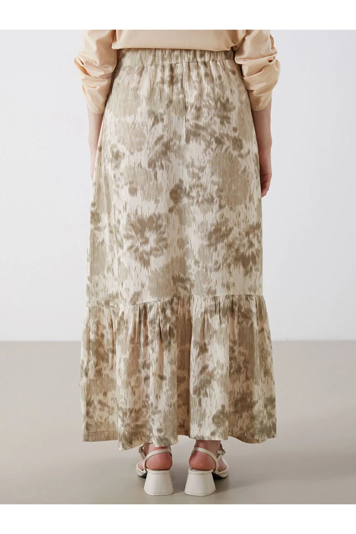 LC Waikiki-Lcw Grace Beige Patterned Pleated Skirt with Elastic Waist 4