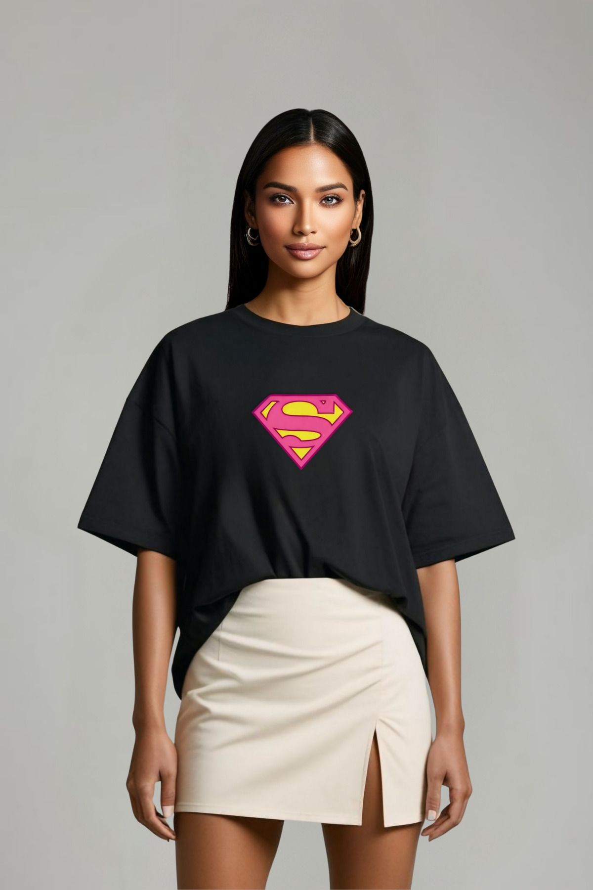 Butik Pembe Superman Baskılı T-shirt - Özgün Tasarım Pamuk Kumaş