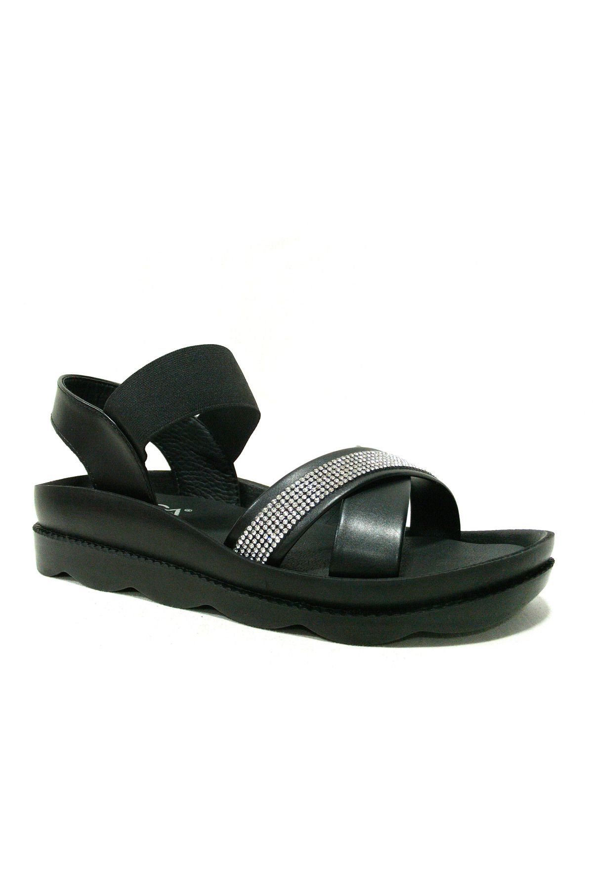 Voga Siyah Lastik Bantlı Anatomik Comfort Sandalet