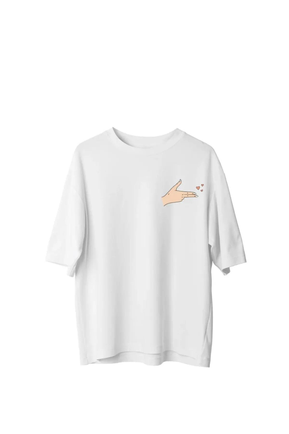 Koklonmoda Büyük Beden Unisex Kalpli El Baskılı Oversize T-Shirt