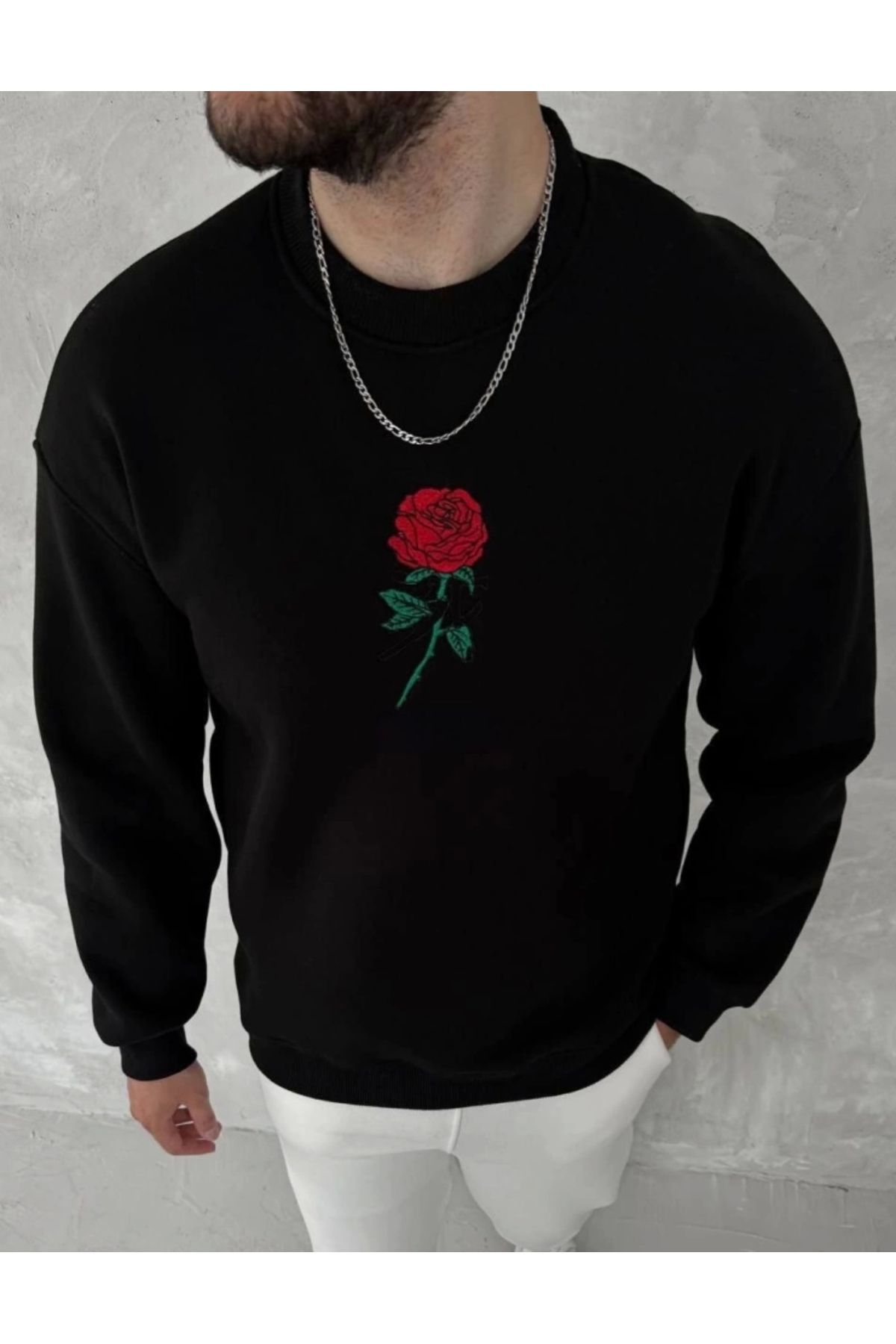 Butik Unisex Bisiklet Yaka Ön Ve Arka Baskılı SweatShirt - Siyah