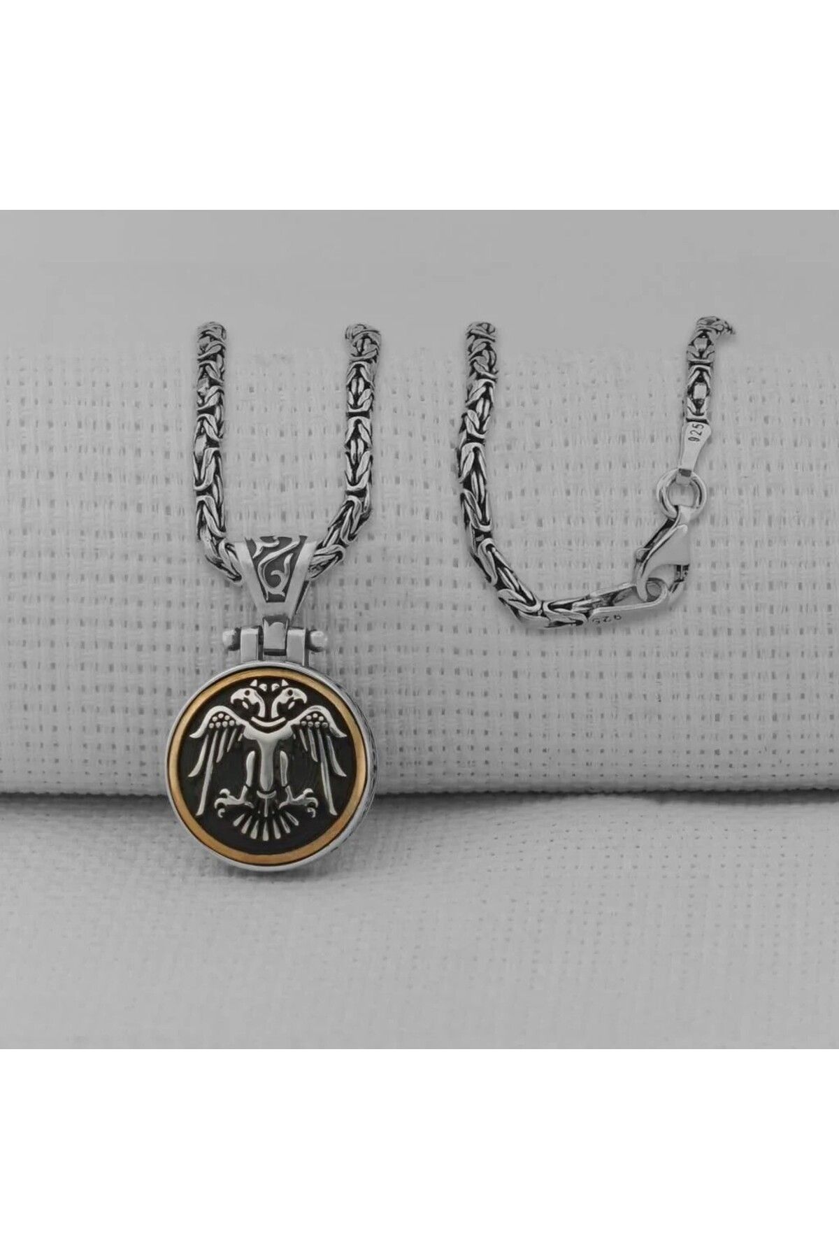 shop Çift Başlı Kartal Karal Zincirli Ortası Dönen 925 Ayar Gümüş Erkek Kolye