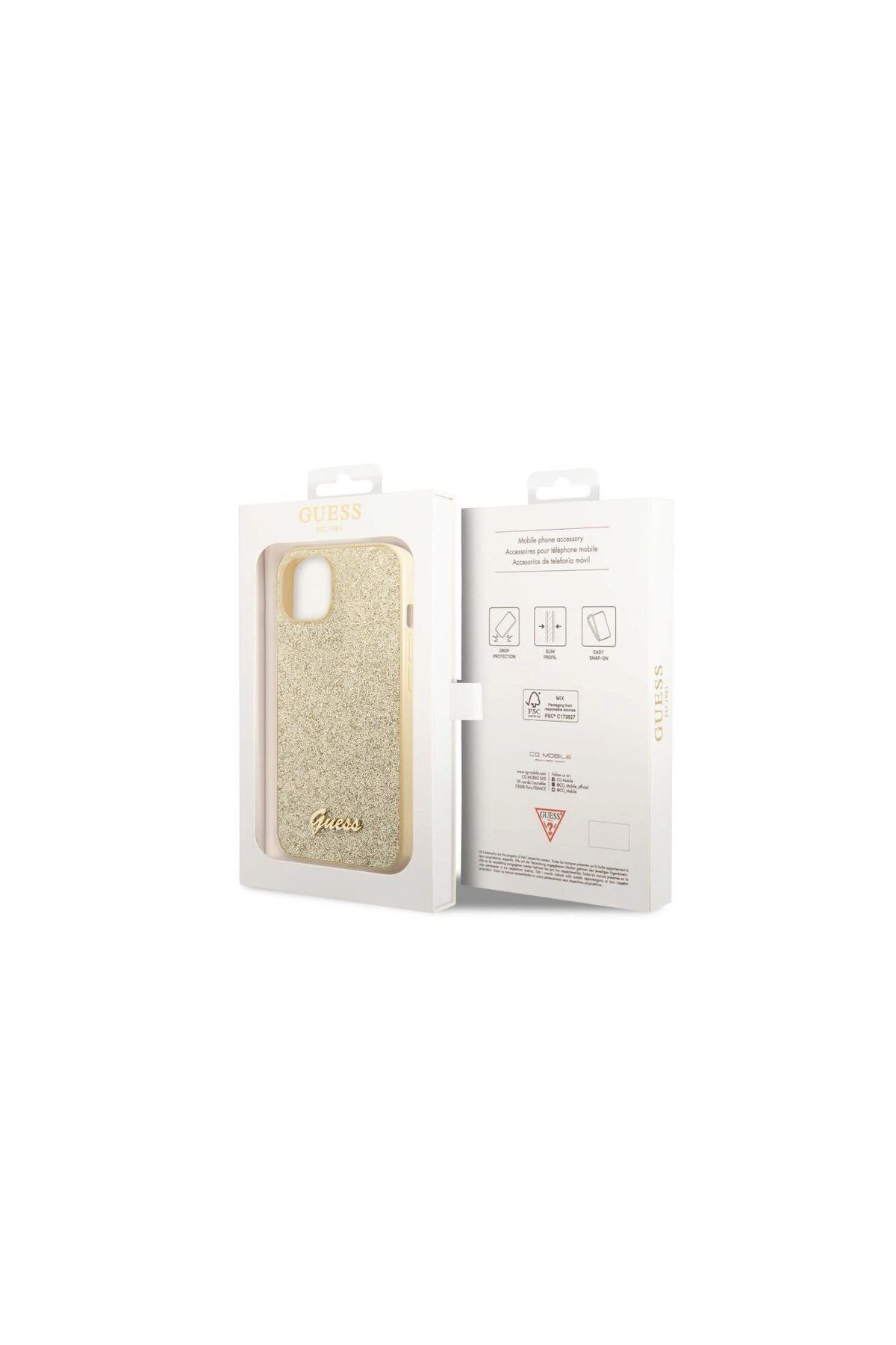 Guess-Husa iPhone 14 Plus Glitter TPU Flakes Script Metal Logo Gold 6