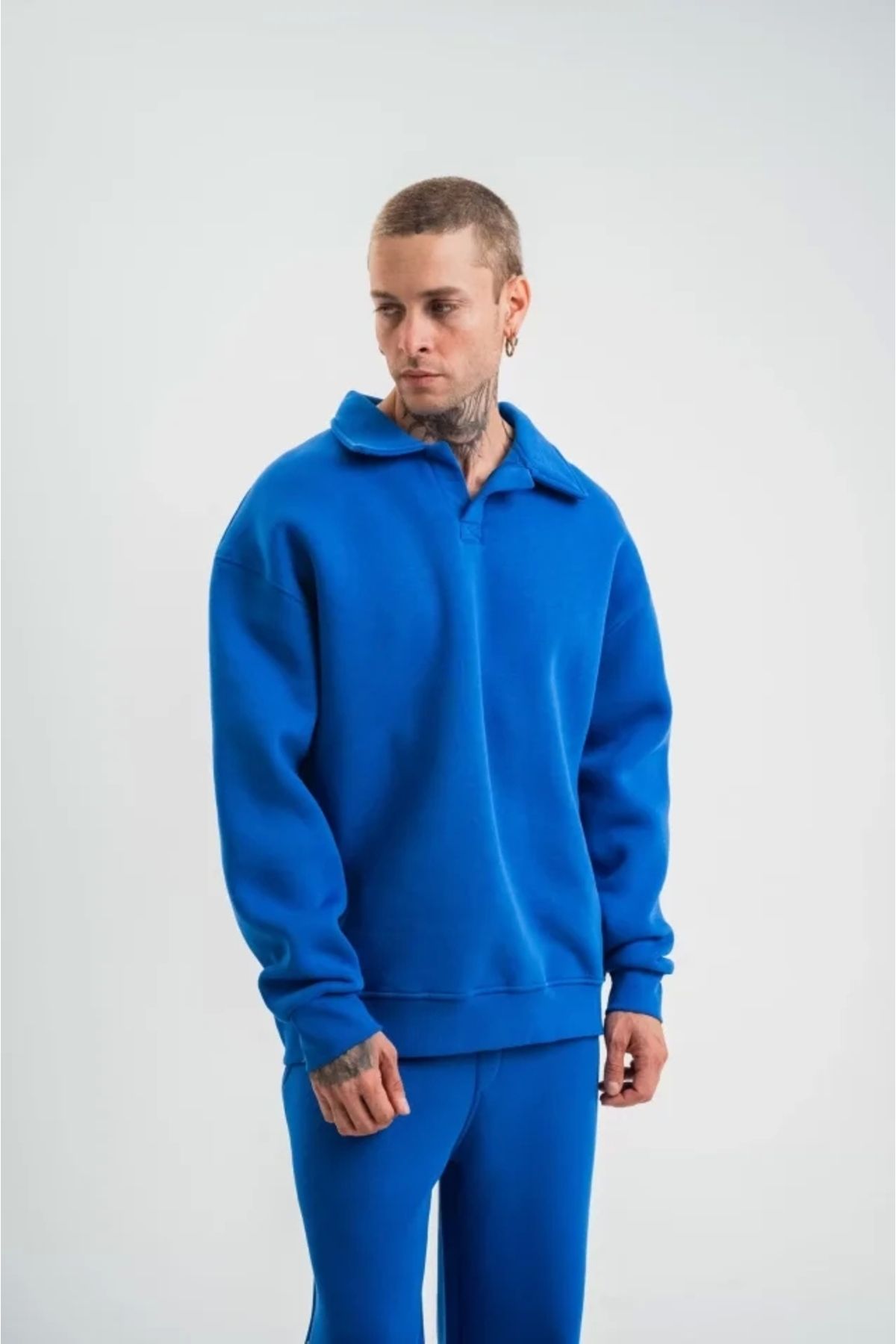 Butik Unisex Double Oversize Patlı Yaka SweatShirt - Mavi