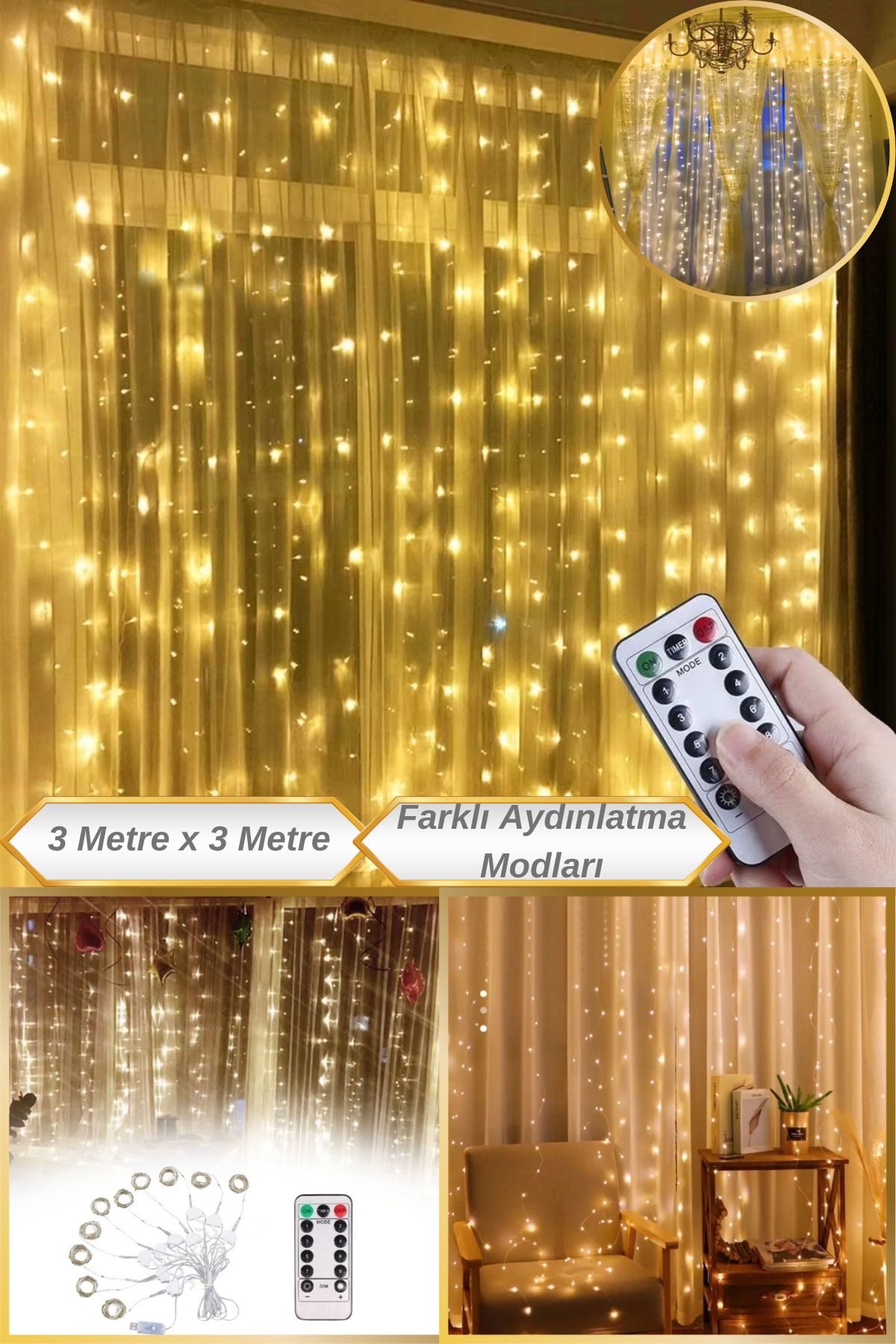 Hane Dostu 3 Metre Farklı Aydınlatma Modlu | Uzaktan Kumandalı Perde Peri USB Led Aydınlatma