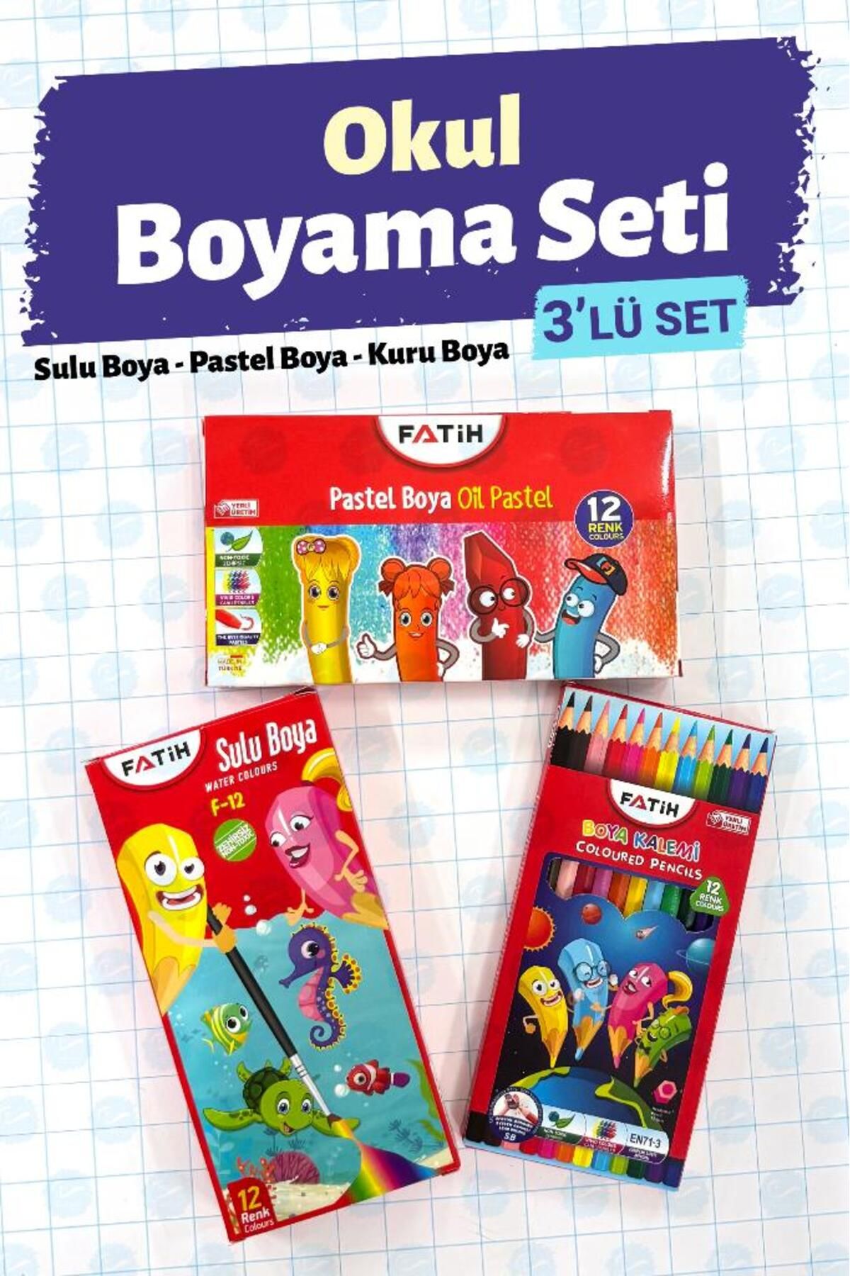 t tuğset etiket Okul Boyama Seti 3'lü Set - 12'li Sulu Boya 12'Lİ Kuru Boya 12'li Pastel Boya-T1405
