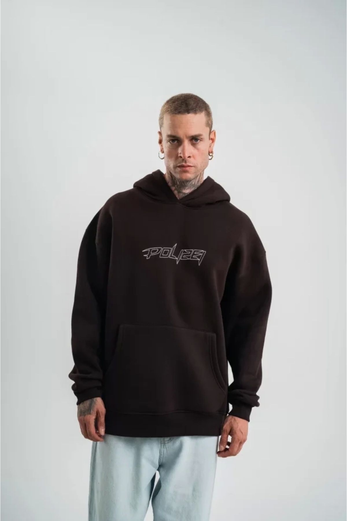 Butik Unisex Üç İplik Kapşonlu Nakışlı SweatShirt - Kahve