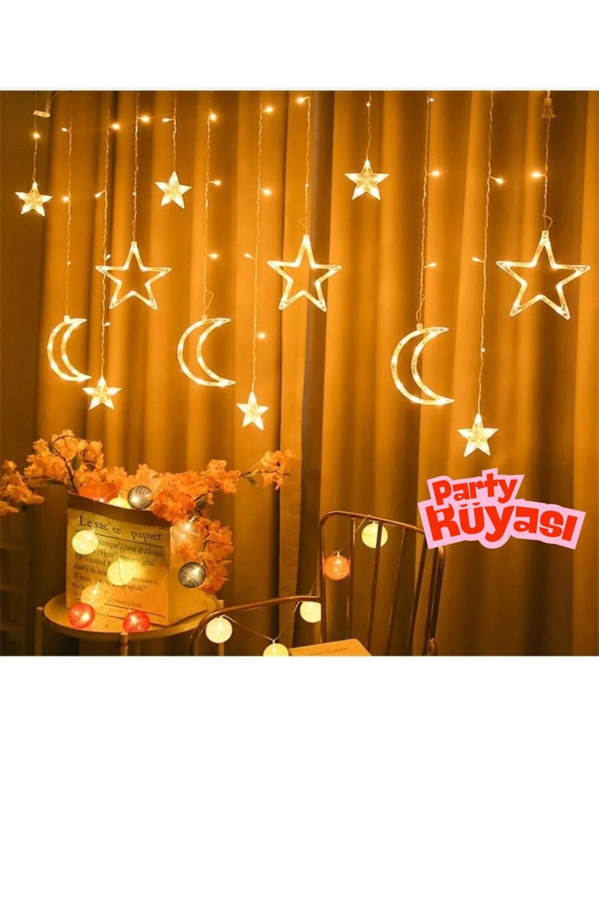 partyrüyası Ay Yıldız Saçak Perde Led Fişli Eklenebilir Günışığı Animasyonlu 138 Led 12 Saçak