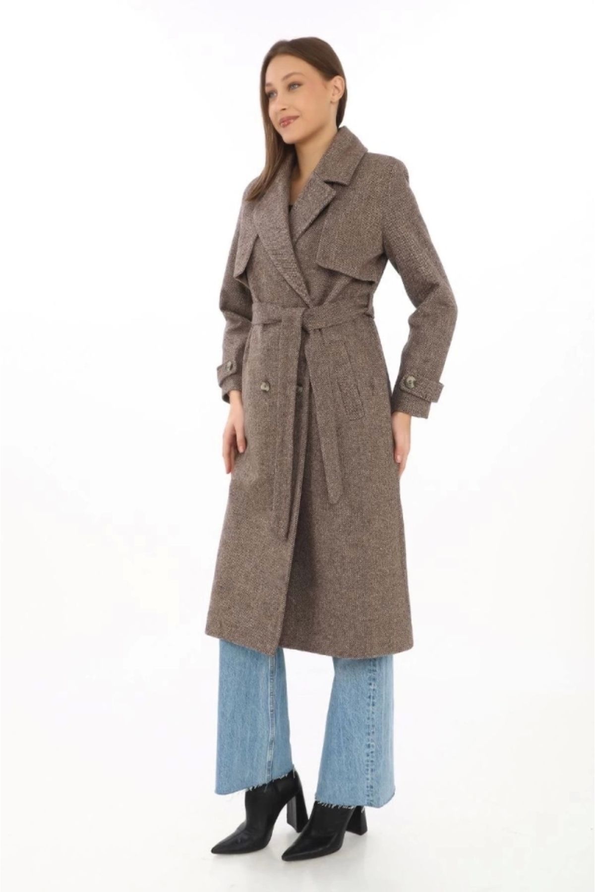Butik Balık Sırtı Kaşmir Uzun Kaşe Kaban - Vizon