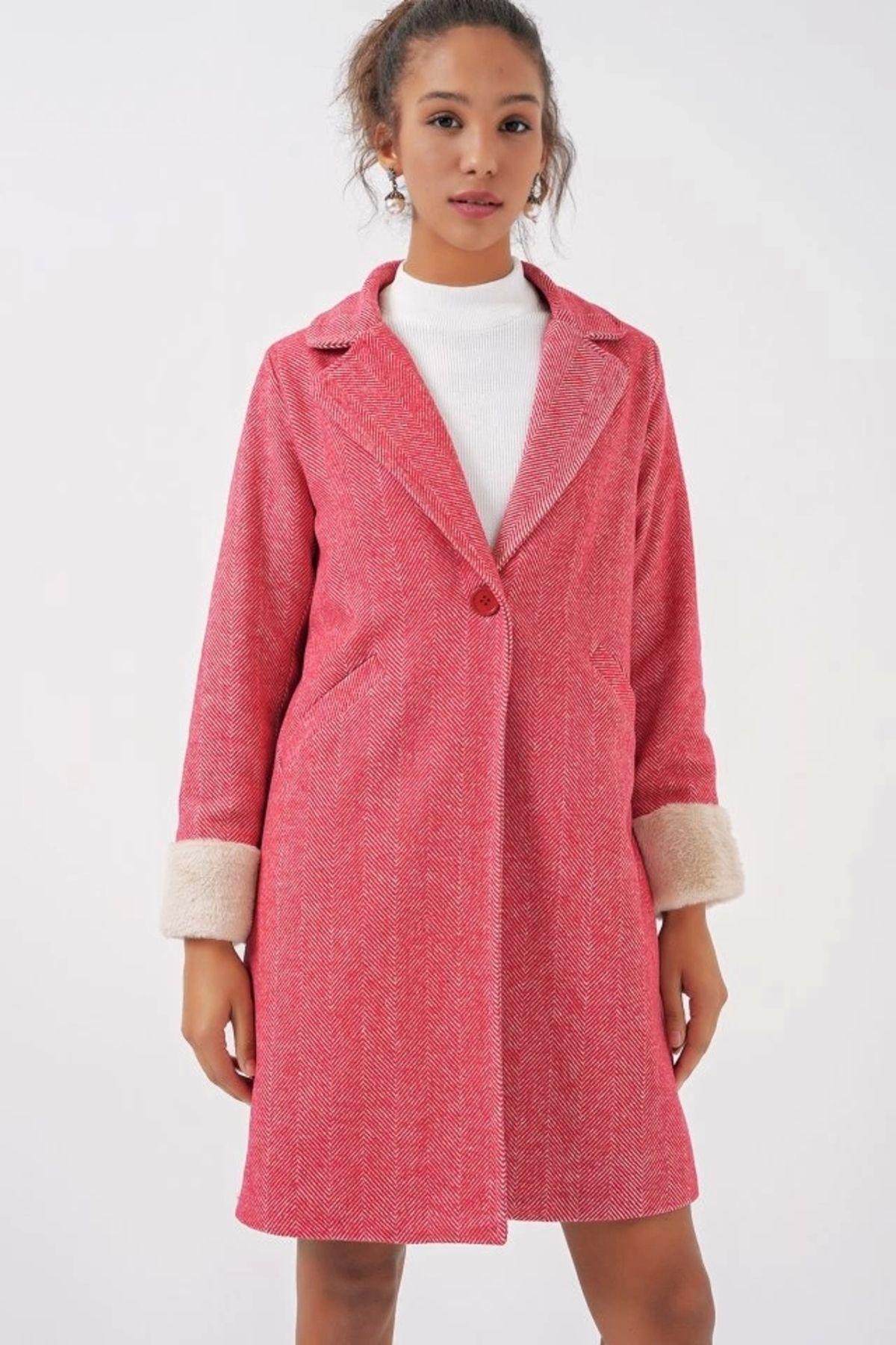 Butik 9085 Balık Sırtı Kaşe Kaban - B.Kırmızı