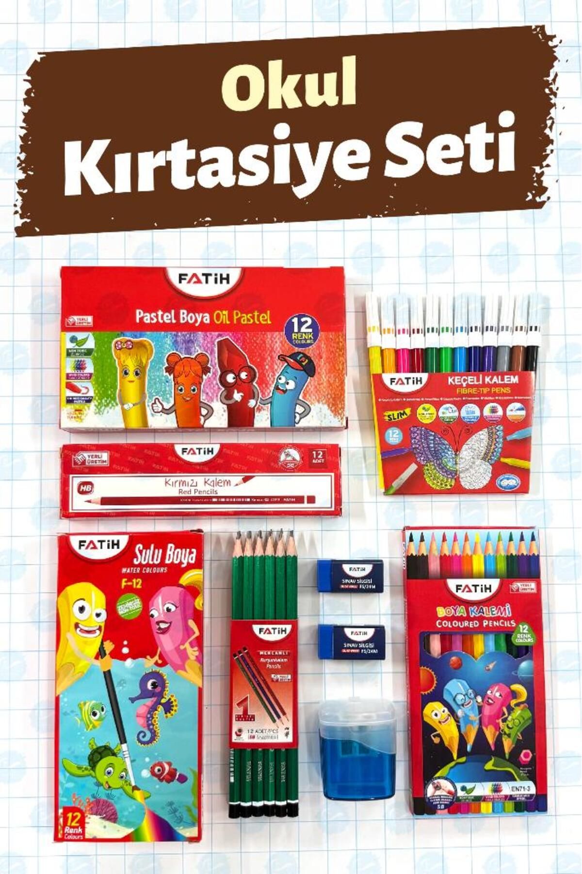 t tuğset etiket Okul Kırtasiye Seti 1 - Pastel Sulu Kuru Keçeli Kurşun Kalem Silgi Kalemtraş Kırmızı Kalem