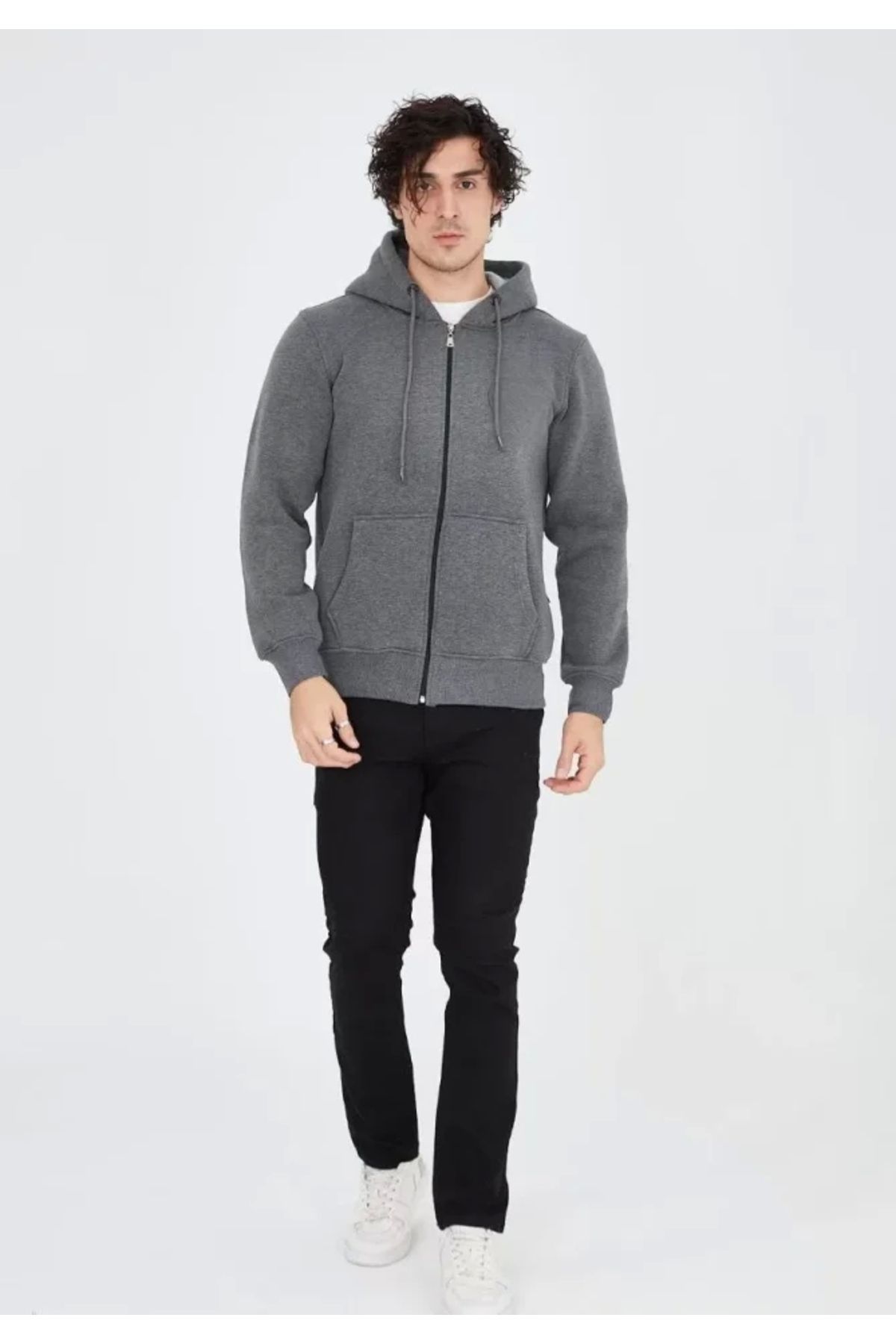 Butik Unisex Tam Fermuarlı Kapşonlu SweatShirt - Füme