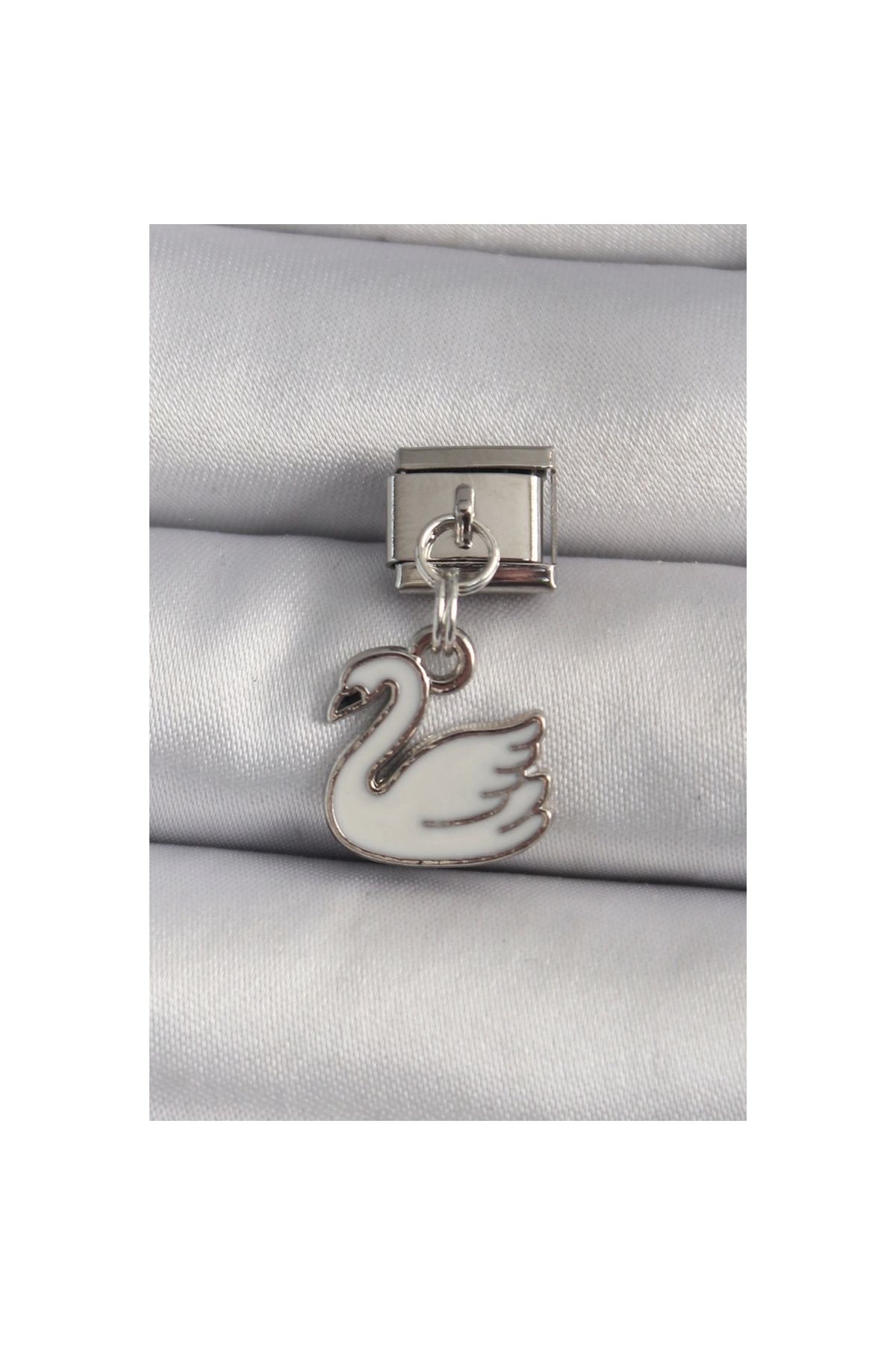 Marsilyan 316L Çelik Gümüş Renk Sallantı Beyaz Kuğu Model Nomination Charm - TJ-BC1160