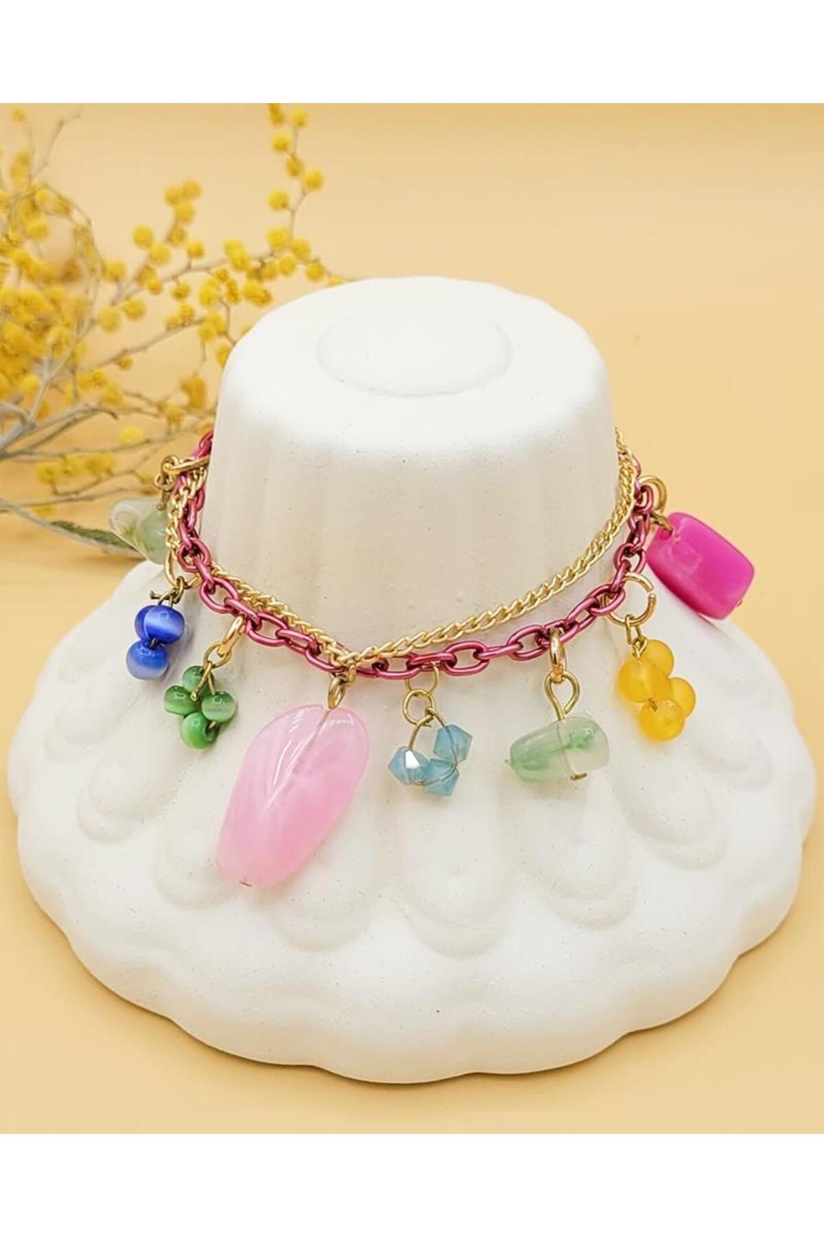 Nevoka Luno Renkli Charm Akrilik Boncuklu Pembe El Yapımı Bileklik