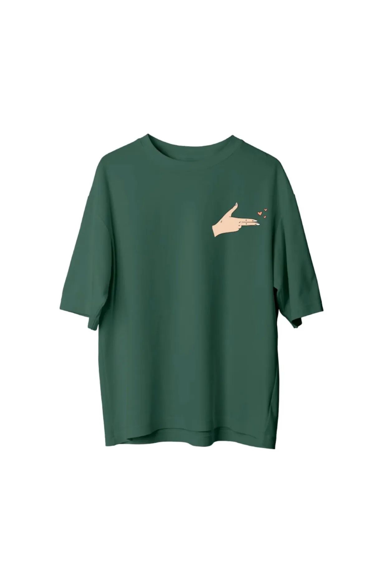 Koklonmoda Büyük Beden Unisex Kalpli El Baskılı Oversize T-Shirt