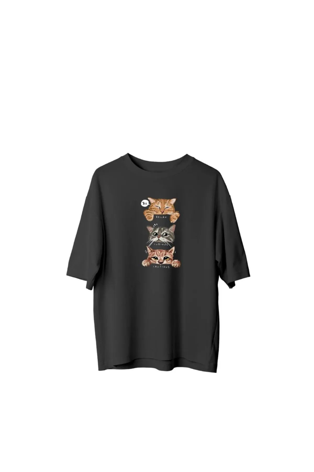 Koklonmoda Büyük Beden Unisex Kedicik Baskılı Oversize T-Shirt