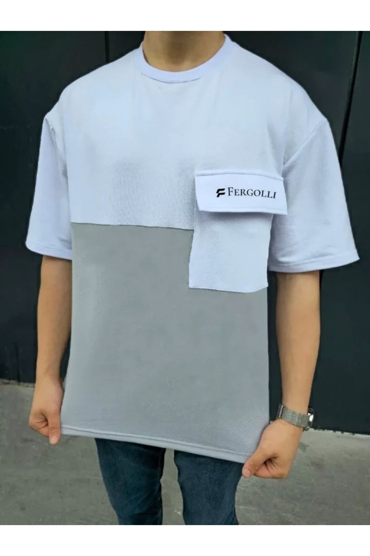 Butik Unisex Torba Cep Detaylı Parçalı T-Shirt - Gri