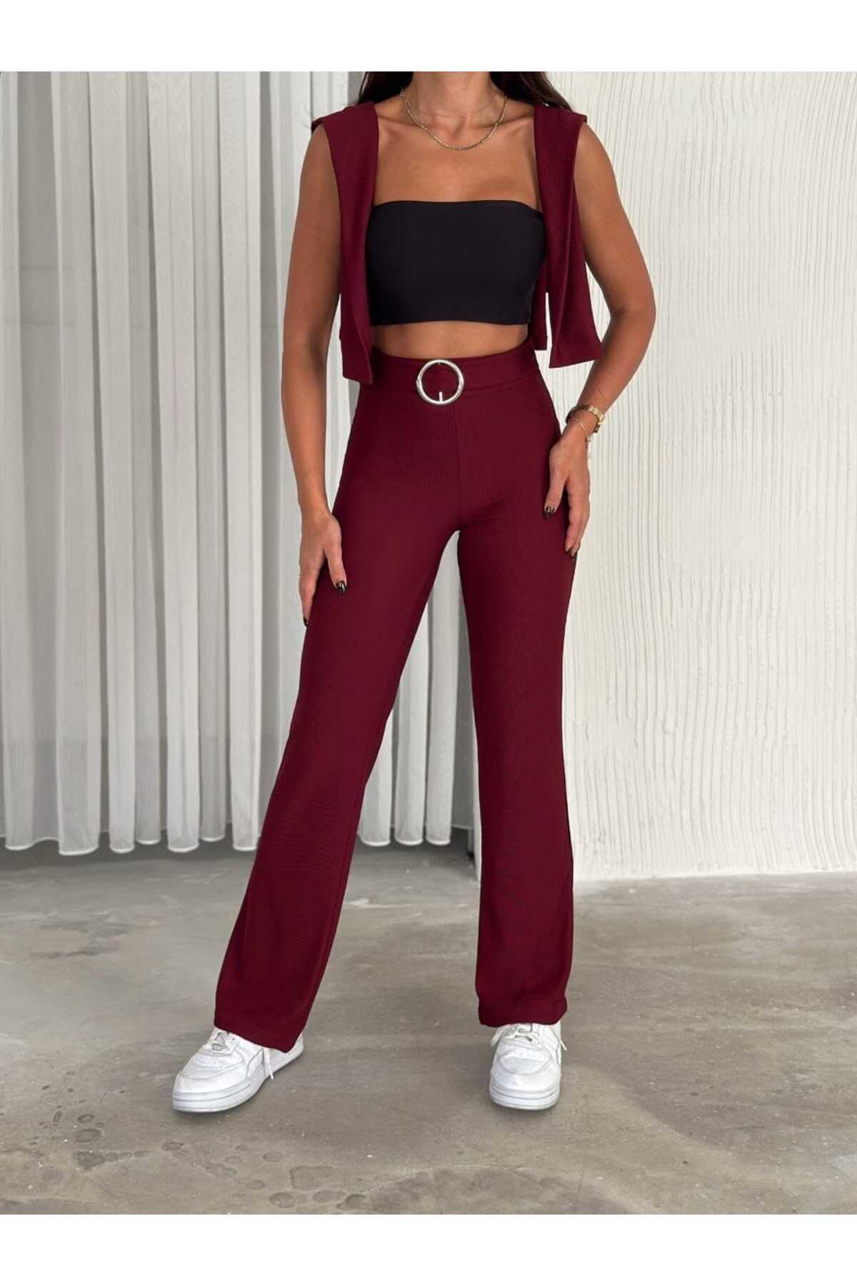 Butik Merrline Kadın Ottoman Kumaş Halka Detay Kemer İspanyol Pantolon