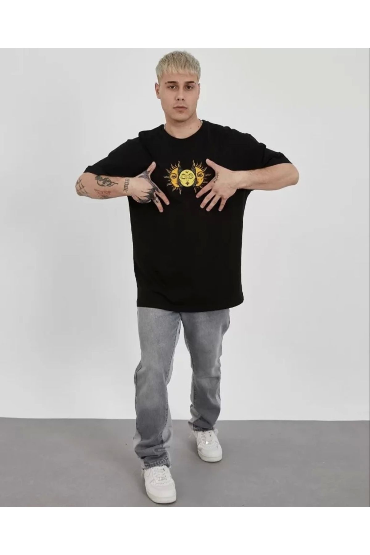 Butik Unisex Bisiklet Yaka Baskılı Oversize T-Shirt - Siyah